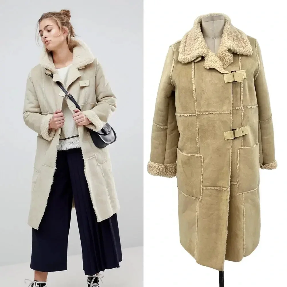 Moon River Borg Lined Duffle Coat Faux Suede Sherpa Penny Lane Size Medium